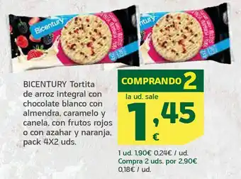 HiperDino Bicentury tortita de arroz integral con chocolate blanco con almendra, caramelo y canela, con frutos rojos o con azahar y nar oferta
