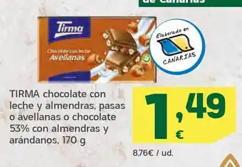 HiperDino Tirma chocolate con leche y almendras, pasas o avellanas o chocolate 53% con almendras y arándanos, 170 g oferta