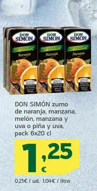 HiperDino Don simón zumo de naranja, manzana, melón, manzana y uva o piña y uva, pack 6x20 cl oferta