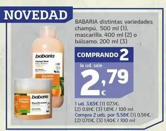 HiperDino Babaria distintas variedades champú, 500 ml, mascarilla, 400 ml o bálsamo, 200 ml oferta