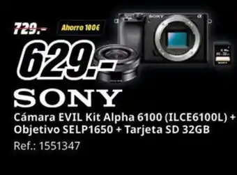 MediaMarkt Cámara EVIL Kit Alpha 6100 (ILCE6100L) + Objetivo SELP1650 + Tarjeta SD 32GB oferta