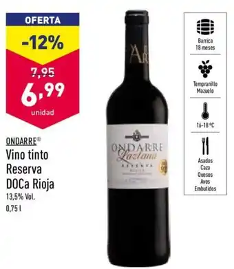 ALDI Ondarre Vino tinto Reserva DOCa Rioja 0,75l oferta