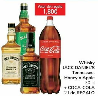 Carrefour Whisky jack daniel's tennessee, honey o apple + coca cola de regalo oferta