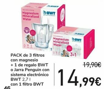 Carrefour Pack d 3 filtros con magnesio + 1 de regalo bwt o jarra penguin con sistema electrónico bwt con 1 filtro bwt oferta