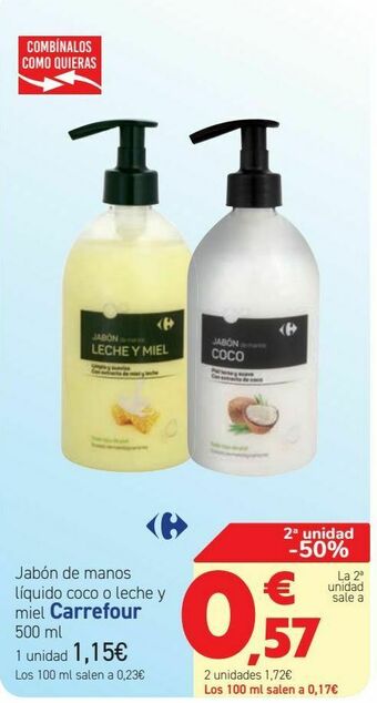 Carrefour Jabón de manos líquido coco o leche y miel carrefour oferta