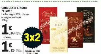 E.Leclerc Lindt Chocolate Lindor Leche, negro 60%, blanco o singles avellanas 100g oferta