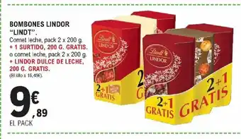 E.Leclerc Lindt Bombones Lindor Comet leche, pack 2 x 200g +1 Surtido, 200g Gratis + Lindor Dulce De Leche 200 g Gratis oferta