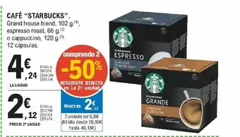 E.Leclerc Café Starbucks Grand house blend, 102 g espresso roast, 66g.,o cappuccino 120g 12 cápsulas oferta