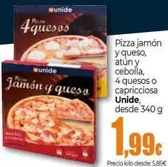 Unide Supermercados Unide - pizza jamón y queso, atún y cebolla, 4 quesos o capricciosa oferta