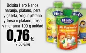 FROIZ Bolsita Hero Nanos naranja, plátano, pera y galleta, Yogur plátano y fresa o plátano, fresa y manzana 100 g unidad oferta