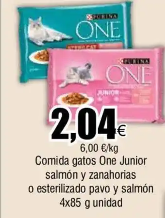 Froiz Comida gatos One Junior salmón y zanahorias o esterilizado pavo y salmón 4x85 g unidad oferta