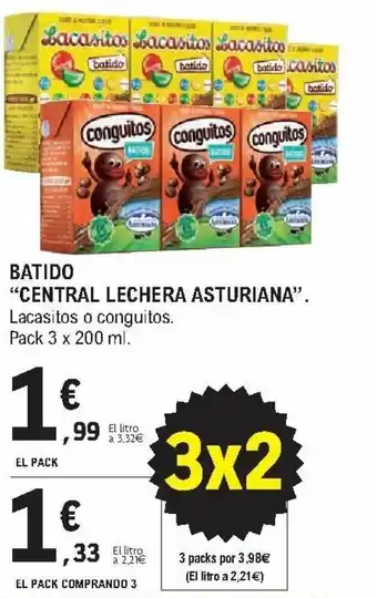 E.Leclerc Batido "Central Lechera Asturiana" Pack 3 x 200 ml. El Pack Comprando 3 oferta