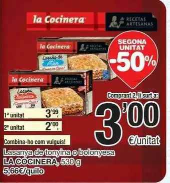 SPAR Fragadis Segona Unitat -50% Lasanya De Tonyina O Bolonyesa La Cocinera 530g oferta
