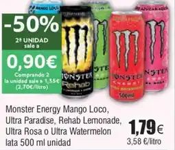 FROIZ Monster Energy Mango Loco, Ultra Paradise, Rehab Lemonade, Ultra Rosa o Ultra Watermelon lata 500 ml unidad oferta