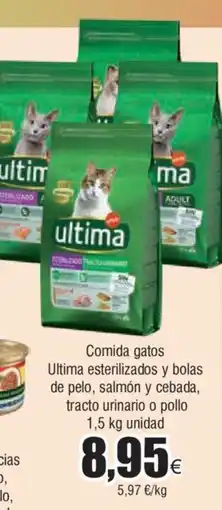 FROIZ Comida gatos Ultima esterilizados y bolas de pelo, salmón y cebada, tracto urinario o pollo 1,5 kg unidad oferta