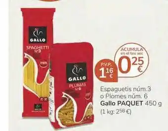 Supermercados Charter Espaguetis Núm.3 O Plomes Núm. 6 Gallo Paquet 450g oferta