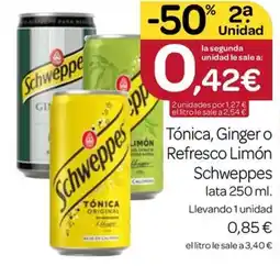 Supermercados El Jamón Tónica, Ginger o Refresco Limón Schweppes oferta