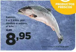 Alimerka Salmón, 2 a 3 kilos, por medios o entero, el kilo oferta