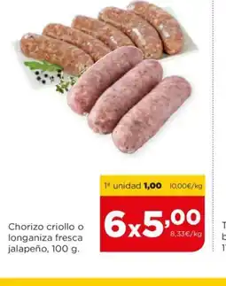 Alimerka Chorizo criollo o longaniza fresca jalapeño, 100 g. oferta