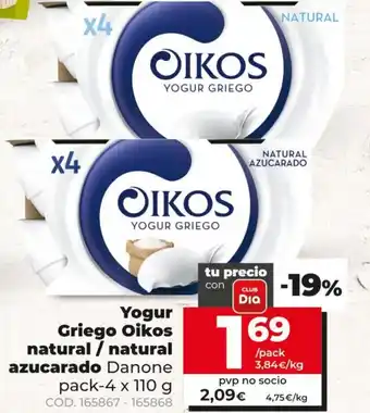 Dia Oikos Yogur griego natural Azucarado Danone pack 4x110g oferta