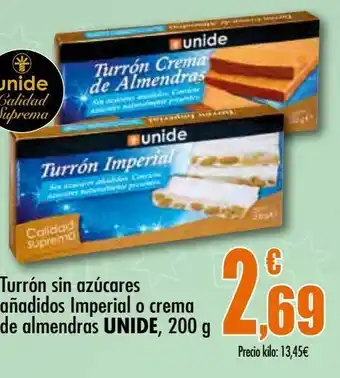 Unide Supermercados Turrón sin azúcares añadidos imperial o crema de almendras unide, 200 g oferta