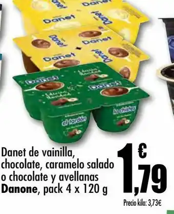 Unide Supermercados Danet de vainilla, chocolate, caramelo salado o chocolate y avellanas danone, pack 4 x 120 g oferta