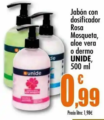 Unide Supermercados Jabón con dosificador rosa mosqueta, aloe vera o dermo unide, 500 ml oferta