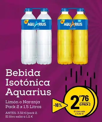 Aquarius Bebida Isotónica Limón o Naranja Pack 2 x 1.5 Litros