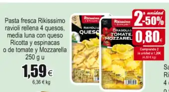FROIZ Pasta fresca Rikissimo ravioli rellena 4 quesos, medial luna con queso Ricotta y espinacas o de tomate y Mozzarella 250g u oferta