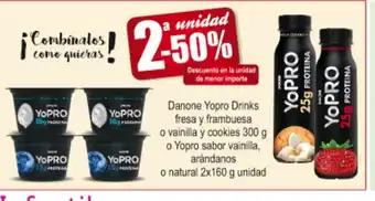 FROIZ Danone Yopro Drinks fresa y frambuesa o vainila y cookies 300g o Yopro sabor vainilla, arándanos o natural 2x160g unidad oferta