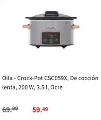 Olla - Crock -Pot CSC059X, De cocción lenta, 200 W, 3.5 l, Ocre