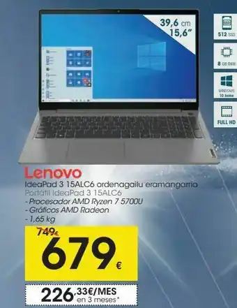 Eroski Portatil ideapad 3 15alc6 lenovo oferta