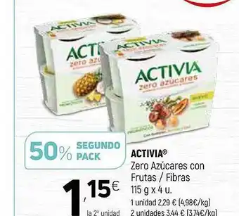 Coviran 50% Segundo Pack Activia Zero Azúcares Con Frutas Fibras 115x 4u oferta