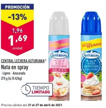 ALDI Nata en spray Central Lechera Asturiana 275g oferta
