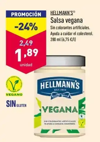 ALDI Hellmann's Salsa vegana Sin colorantes artificiales. Ayuda a cuidar el colesterol 280ml oferta