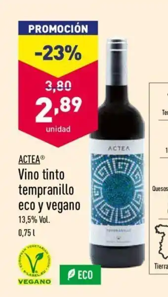 Actea Vinto tinto tempranillo eco y vegano