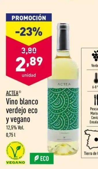 ALDI Actea Vino blanco verdejo eco y vegano 12.5% Vol 0,75L oferta