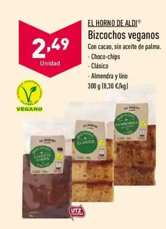 ALDI El Horno De Aldi Bizcocho veganos Con cacao,sin aceite de palma. Choco-chips. Clásico. Almendra y lino 300g oferta