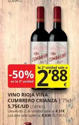 Supermercados MAS VINO RIOJA VIÑA CUMBRERO CRIANZA oferta