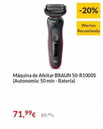 Worten Máquina Afeitar Braun 50-R1000S (Autonomía: 50 Min - Batería) oferta