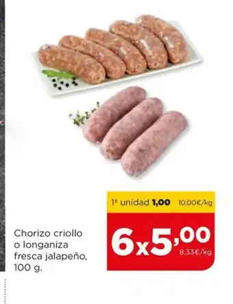 Alimerka Chorizo criollo o longaniza fresca jalapeño, 100 g. oferta