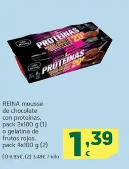 HiperDino REINA mousse de chocolate con proteínas, pack 2x100 g (1) o gelatina de frutos rojos, pack 4x100 g (2) oferta