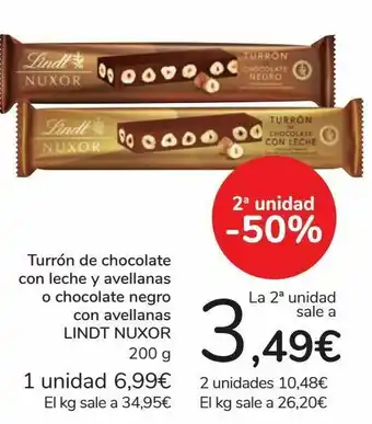 Carrefour Turrón de chocolate con leche y avellanas o chocolate negro con avellanas lindt nuxor oferta