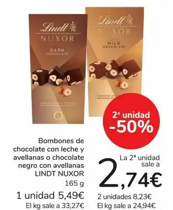 Carrefour Bombones de chocolate con leche y avellanas o chocolate negro con avellanas lindt nuxor oferta