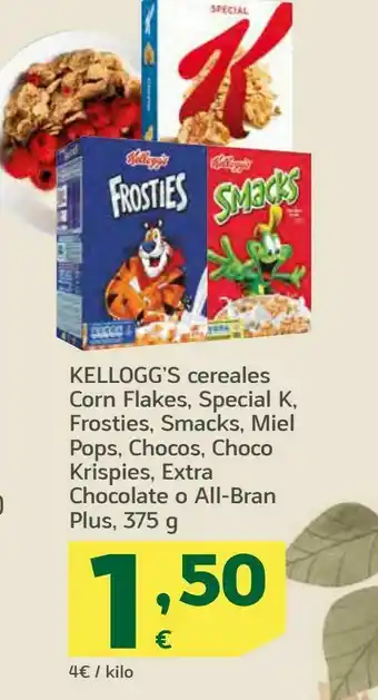 HiperDino Kellogg's cereales corn flakes, special k, frosties, smacks, miel pops, chocos, choco, krispies, extra chocolate o all-bran oferta
