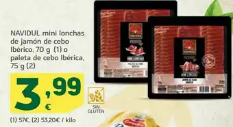 HiperDino Mini lonchas de jamón de cebo ibérico, 70 g o paleta de cebo ibérica, 75 g navidul oferta