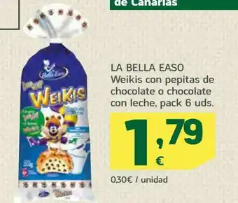 HiperDino La bella easo weikis con pepitas de chocolate o chocolate con leche, pack 6 uds oferta