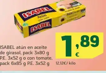 HiperDino Atún en aceite de girasol pack 3x80 g, p.e 3x52 g, o con tomate, pack 6x85 g p.e 3x52 g isabel oferta