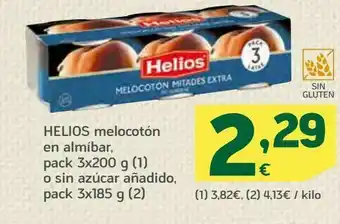 HiperDino helios melocotón en almíbar, pack 3 x 200 g o sin azúcar añadido, pack 3 x 185 g oferta