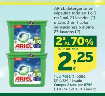HiperDino Ariel detergente en cápsulas todo en 1 o 3 en 1 oxi, 21 lavados o tabs 3 en 1 color, sensaciones o alpine, 23 lavados oferta